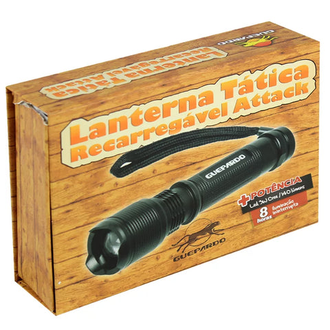 Lanterna Tática Attack Guepardo 140 lumens Bateria 3200mAh Recarregável e Carregador Preta