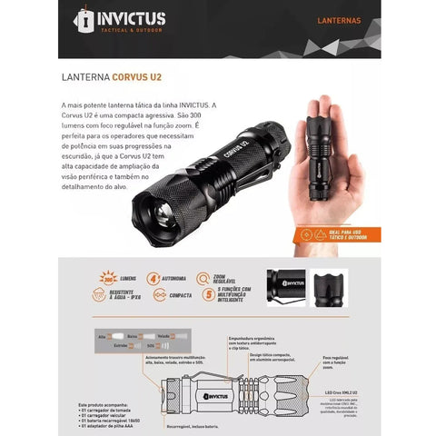 Lanterna Tática Corvus U2 Invictus com Bateria Recarregável e 5 Funções Inteligentes Preta