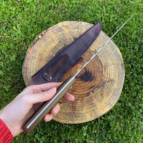 Faca Churrasco 9" Lâmina Full Tang Aço Carbono 5160 3mm Cabo Madeira com Bainha de Couro