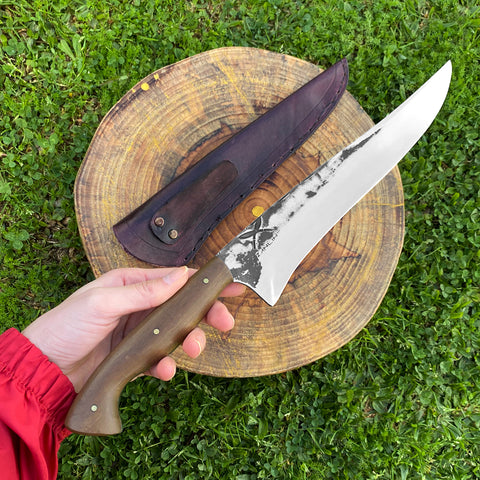 Faca Churrasco 9" Lâmina Full Tang Aço Carbono 5160 3mm Cabo Madeira com Bainha de Couro