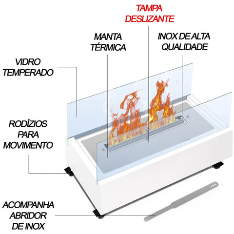 Lareira Ecológica com Rodinhas 1L Álcool Etanol Base Inox e Vidro 45cm com Queimador Saro