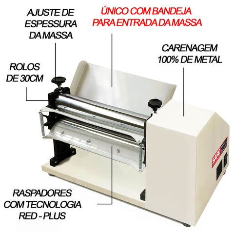 Cilindro Laminador de Massas Elétrico Standart 300x57mm Bivolt Saro Branco 