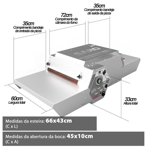 Forno Elétrico Industrial com Esteira para Pizzas 40cm 5 Velocidades 220v Inox Saro