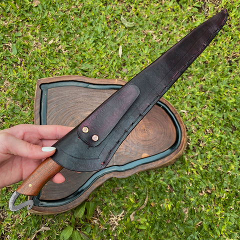 Faca Churrasco Artesanal 10" Aço Carbono 5160 Full Tang Cabo Madeira com Bainha de Couro