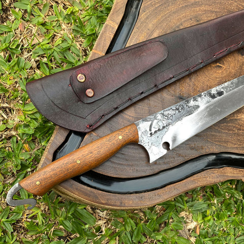Faca Churrasco Artesanal 10" Aço Carbono 5160 Full Tang Cabo Madeira com Bainha de Couro