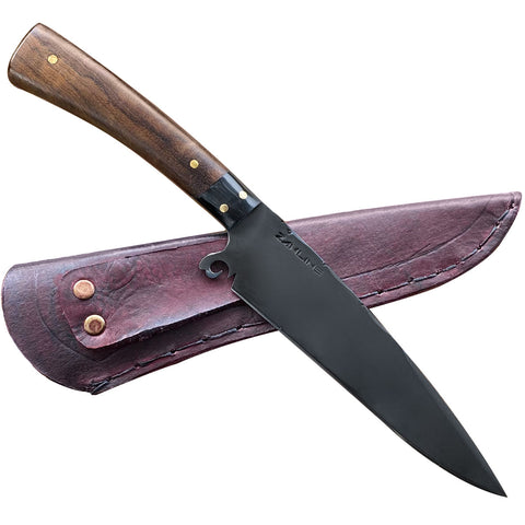 Faca Chef Artesanal 6" Aço Carbono 5160 Fosfatizada com Cabo de Madeira Imbuia e Bainha de Couro