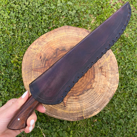 Faca Artesanal Churrasco Aço Damasco 200 Camadas 9" Cabo Madeira Jacarandá Bainha de Couro