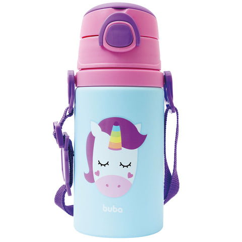 Garrafinha Infantil Buba em Alumínio 400ml com Canudo de Silicone Unicórnio Colorido