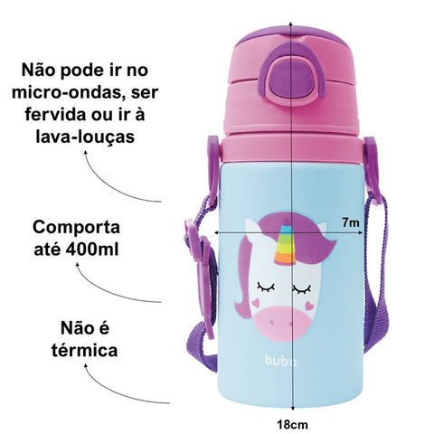 Garrafinha Infantil Buba em Alumínio 400ml com Canudo de Silicone Unicórnio Colorido