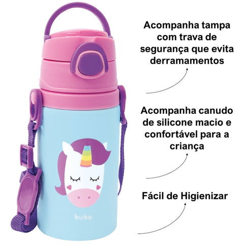 Garrafinha Infantil Buba em Alumínio 400ml com Canudo de Silicone Unicórnio Colorido