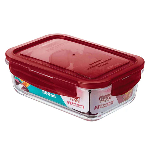 Pote Marmita de Vidro Retangular 800ml Sanremo com Tampa Hermética Vermelha