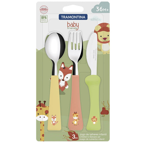 Kit Talheres Infantis 3 Peças Tramontina Baby Friends Lâminas Aço Inox e Cabos Coloridos