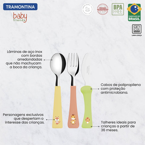 Kit Talheres Infantis 3 Peças Tramontina Baby Friends Lâminas Aço Inox e Cabos Coloridos