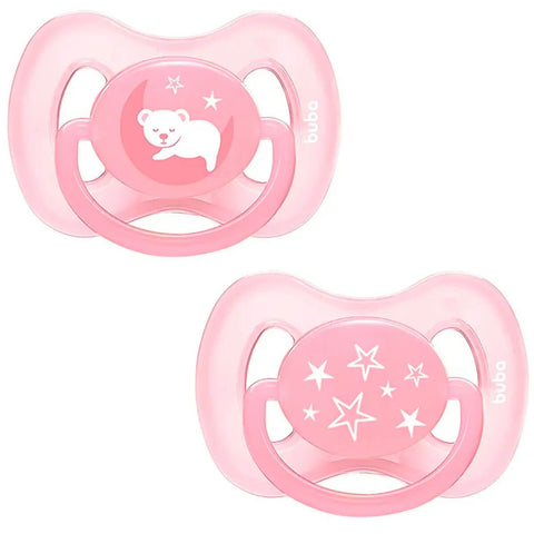 Kit 2 Chupetas de Silicone Tamanho 2 Comfort Noturna Buba Desenho Ursinho e Estrelas Rosa