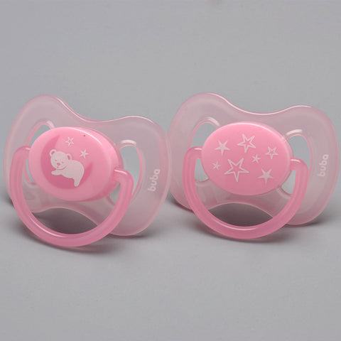 Kit 2 Chupetas de Silicone Tamanho 2 Comfort Noturna Buba Desenho Ursinho e Estrelas Rosa