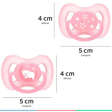 Kit 2 Chupetas de Silicone Tamanho 2 Comfort Noturna Buba Desenho Ursinho e Estrelas Rosa