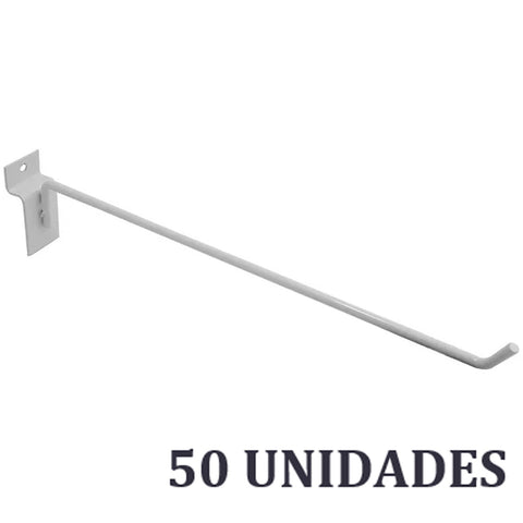 Kit 50 Expositores Canaletados 25cm Ganchos Cabides Simples para Lojas Schmitt Branco