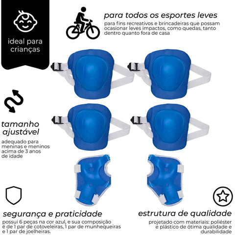 Kit de Proteção Infantil Capacete Cotoveleiras Munhequeiras e Joelheiras Zippy Toys Azul