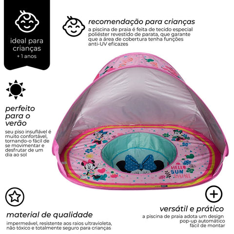 Piscina Infantil de Praia com Cobertura UV Zippy Toys em Poliéster e Metal Minnie Rosa