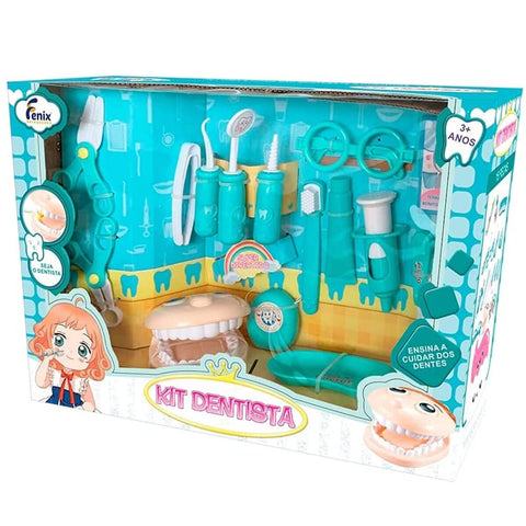 Kit Dentista Infantil Educativo Fenix Brinquedo de Criança Dentadura 12 peças Verde Água