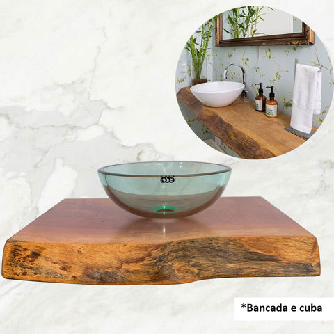 Bancada de Banheiro Rústica em Madeira 60x43cm com Cuba Redonda de Vidro 30cm