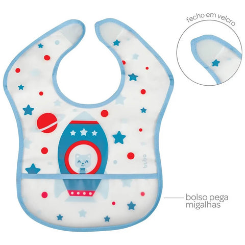 Babador Infantil Impermeável Babador de Bebê com Coletor Cata Migalhas Foguete Azul Buba