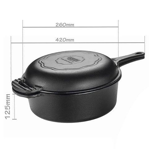 Conjunto Caçarola de Ferro Fundido 3,5L e Frigideira 1,5L com Tampa de Vidro Panela Mineira Preta