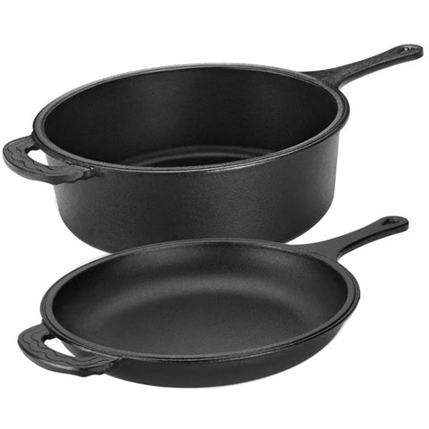 Conjunto Caçarola de Ferro Fundido 3,5L e Frigideira 1,5L com Tampa de Vidro Panela Mineira Preta