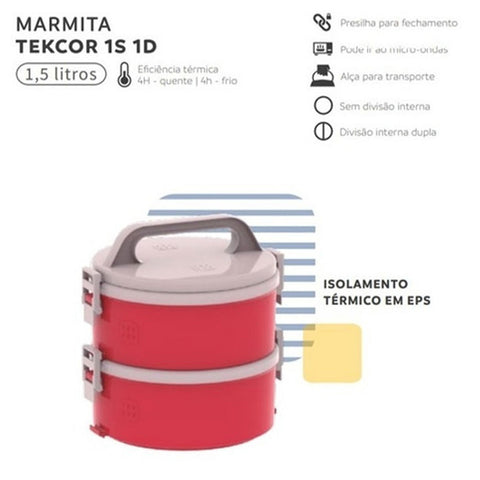 Conjunto 2 Marmitas Tekcor Soprano 1,5L sem Divisórias e com 1 Divisória Vermelhas