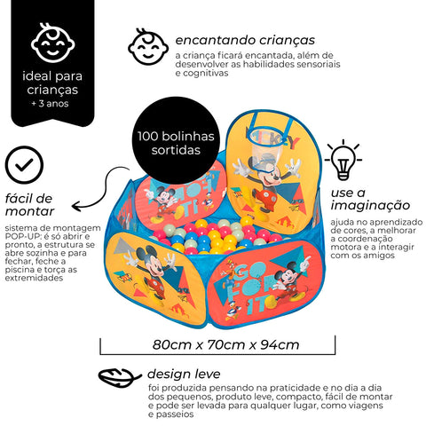 Piscina de Bolinhas Infantil com Cesta de Basquete e 100 Bolinhas Mickey Zippy Toys Azul