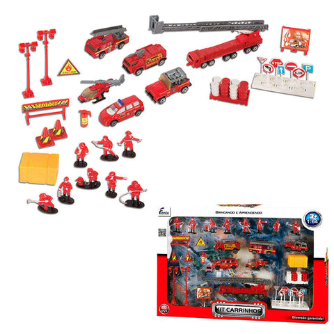 Kit de Carrinhos Infantil 40 Peças Fênix Brinquedo Educativo Bombeiros Aviões Polícia Construção