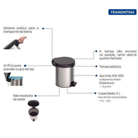 Lixeira com Pedal 5L Tramontina em Aço Inox com Acabamento Polido e Tampa Plástica Preta