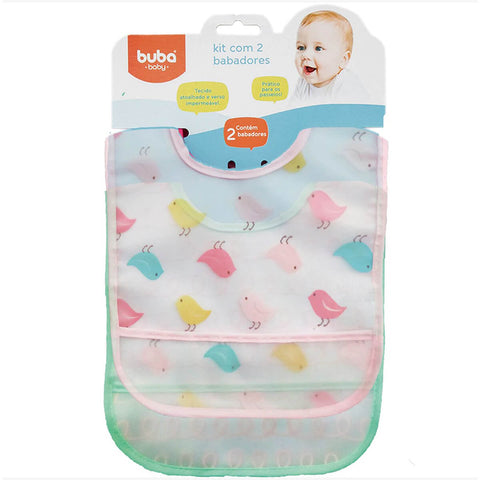 Conjunto 2 Babadores Infantis Impermeáveis com Coletores de Migalhas Passarinhos Buba Rosa e Verde