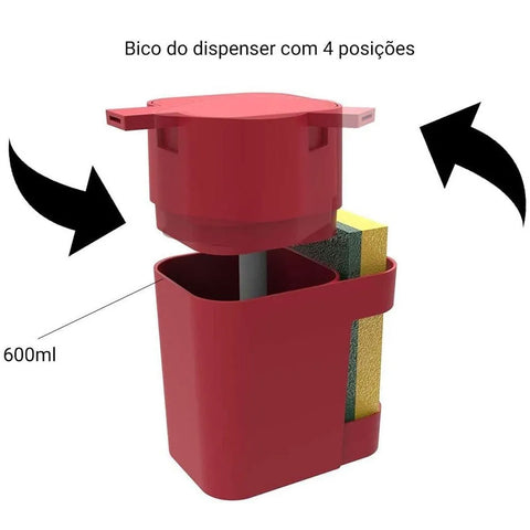 Dispenser Porta Detergente e Esponja 600ml Soprano Organizador de Cozinha Vermelho