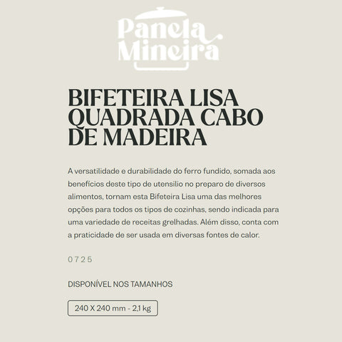Frigideira Bistequeira Quadrada 24x24cm em Ferro Fundido com Cabo de Madeira Panela Mineira Preta