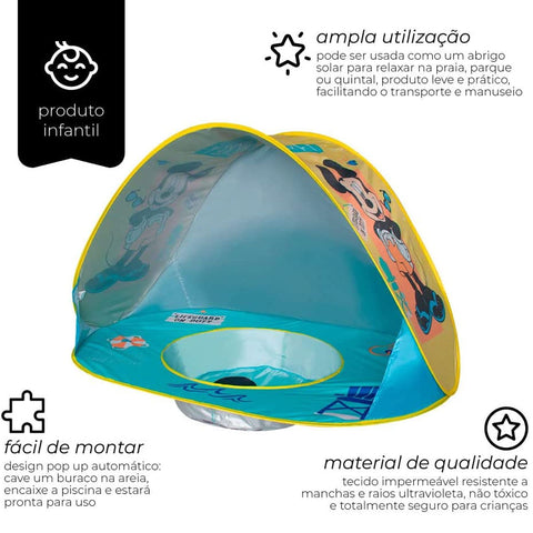 Piscina Infantil de Praia com Cobertura UV Zippy Toys em Poliéster e Metal Mickey Azul