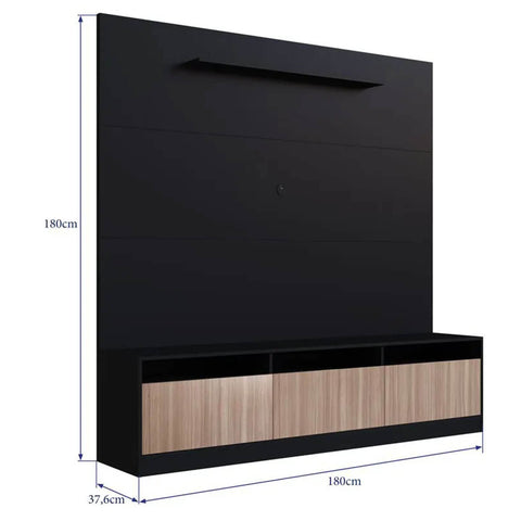 Rack com Estante Home e Painel para TV 180cm com 3 Portas e Prateleira ProDecor Preto Montana