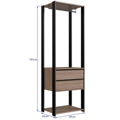 Closet Modulado 60x45x183cm 3 Prateleiras 2 Gavetas 1 Cabideiro ProDecor em MDP Montana e Preto