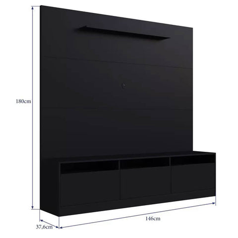 Rack de Parede Painel para TV 146cm Estante Home 3 Portas e Prateleira ProDecor Preto