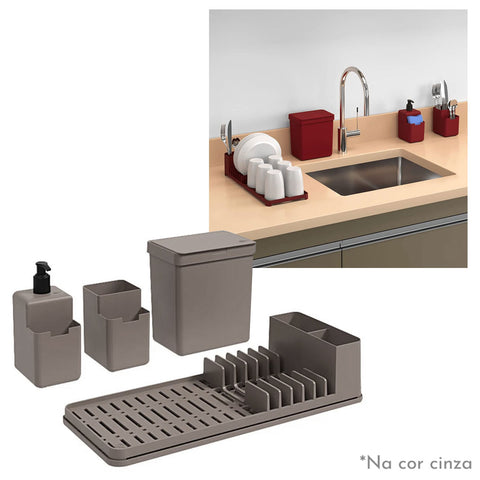 Kit 4 Organizadores de Pia Cozinha Coza Lixeira Escorredor Dispenser e Porta Talheres Warm Gray