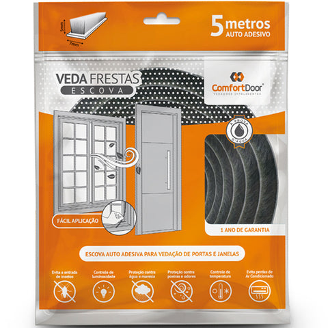 Kit 2 Veda Frestas Escova Portas e Janelas em Fita Adesiva 5 Metros 10x5mm ‎Comfort Door Cinza