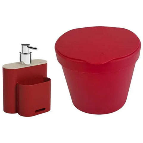 Dispenser para Detergente 500ml com Porta Esponja Flat e Lixeira 2,5l Coza Vermelho