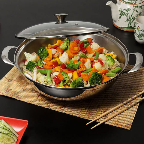 Wok Tramontina Aço Inox Fundo Triplo Ventura 5,7L Panela 34cm Tampa de Vidro