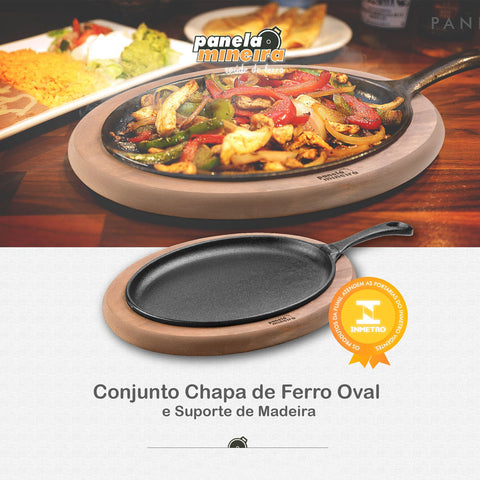 Conjunto Chapa de Ferro Fundido Oval com Suporte de Madeira Panela Mineira Preta