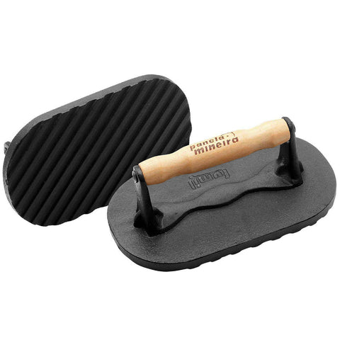 Kit 12 Prensadores de Bife Oval em Ferro Fundido com Alças de Madeira Panela Mineira