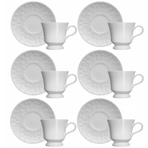 Conjunto 6 Xícaras de Café com Pires 190ml Porcelana em Relevo Tassel Germer Branco