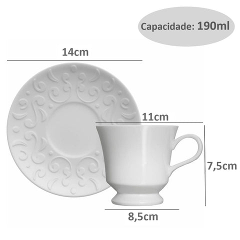 Conjunto 6 Xícaras de Café com Pires 190ml Porcelana em Relevo Tassel Germer Branco