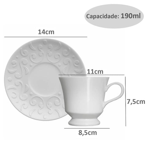 Conjunto 4 Xícaras de Café com Pires 190ml Porcelana em Relevo Tassel Germer Branco