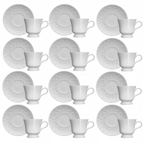 Conjunto 12 Xícaras de Café com Pires 190ml Porcelana em Relevo Tassel Germer Branco