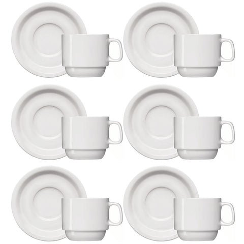 Jogo 6 Xícaras de Café com Pires de Porcelana 65ml Classe Única Iguaçu Germer Branco